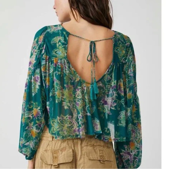 Free People Floral Women’s Up for Anything Top in Emerald - Picture 2 of 6